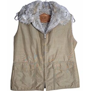 Woolrich Vintage Faux Fur Collar Utility Vest Tan Zip Pockets Women's S Gorpcore